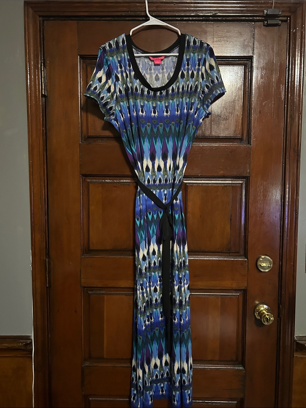 Sunny Leigh Blue and Teal Patterned Maxi Dress with Black Trim